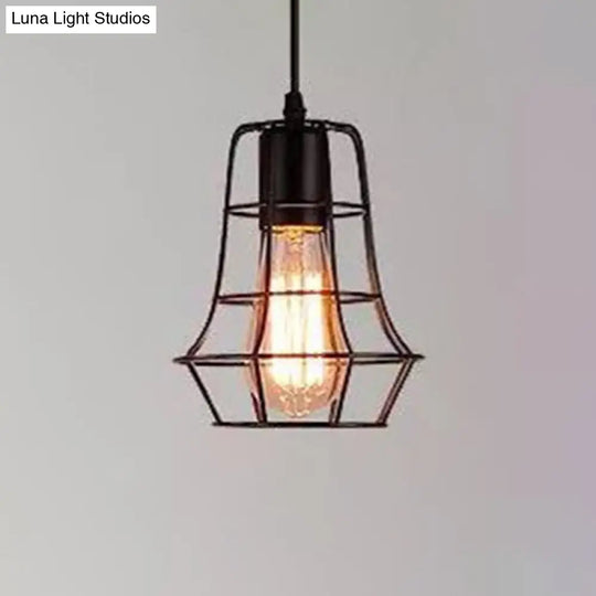 Industrial Retro Hanging Pendant Light Fixture With Caged Design For Bars - Single Metallic Black /