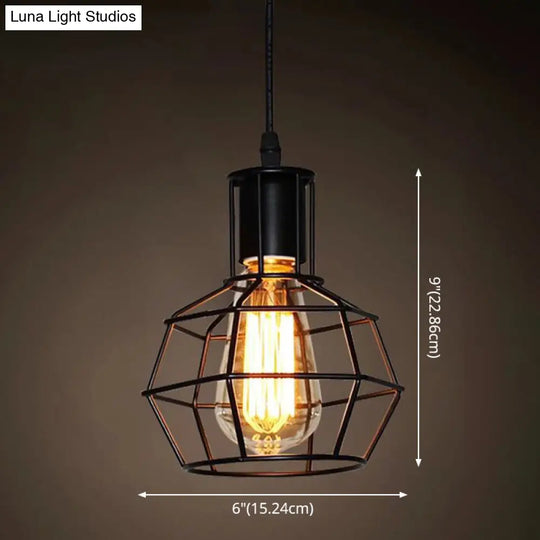 Industrial Retro Hanging Pendant Light Fixture With Caged Design For Bars - Single Metallic