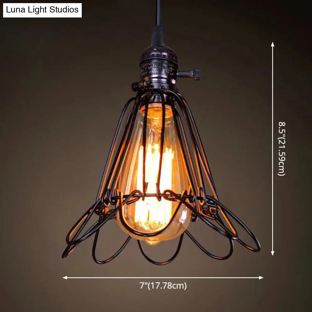 Industrial Retro Hanging Pendant Light Fixture With Caged Design For Bars - Single Metallic