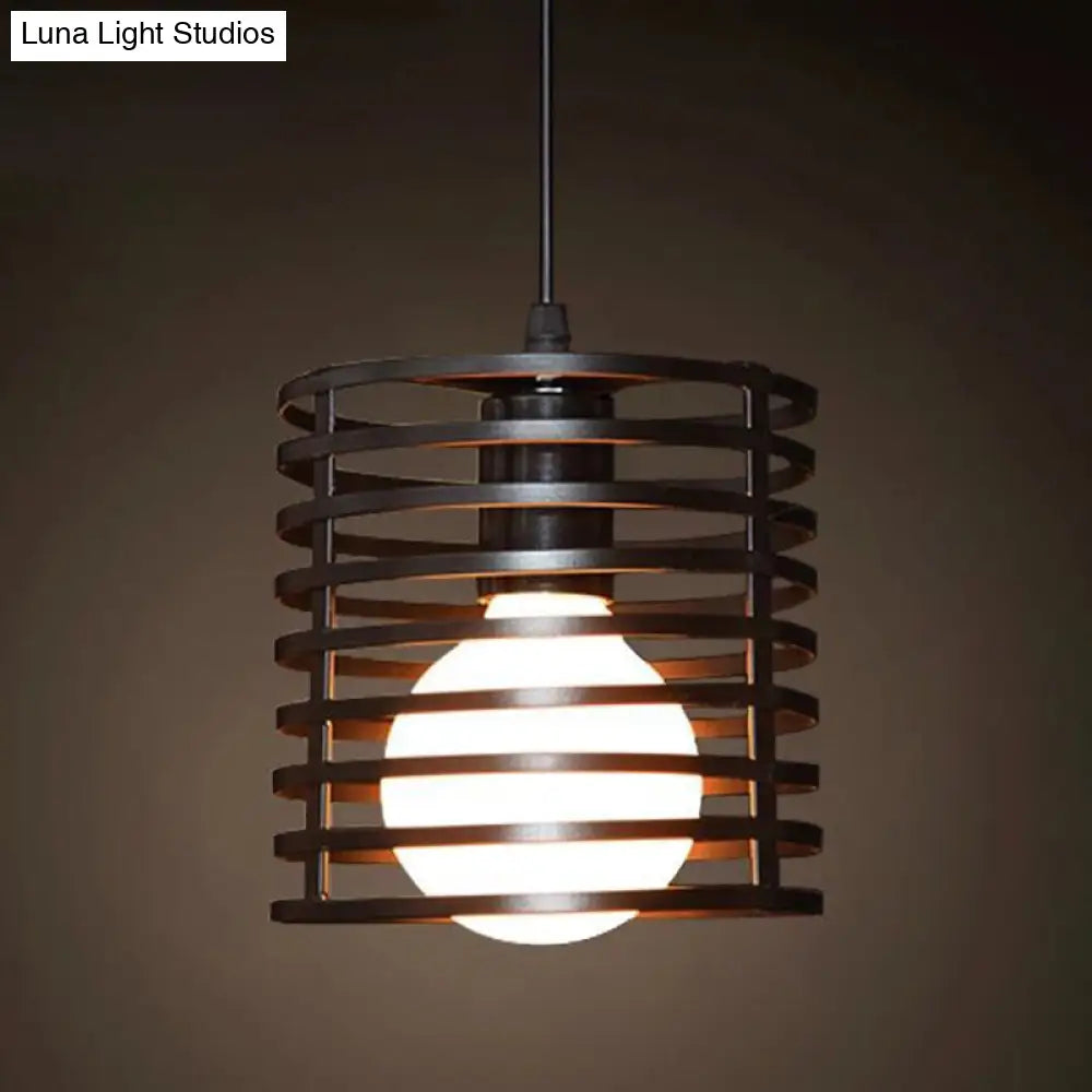 Industrial Retro 1-Light Pendant With Metal Cage For Bar - Hang In Style! Black / Cylinder