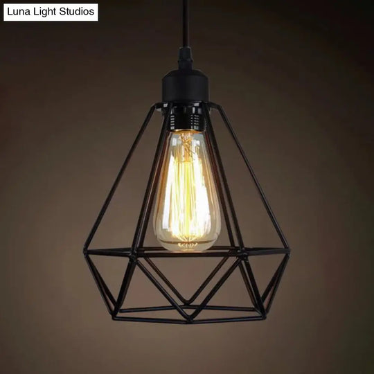 Industrial Retro 1-Light Pendant With Metal Cage For Bar - Hang In Style! Black / Diamond