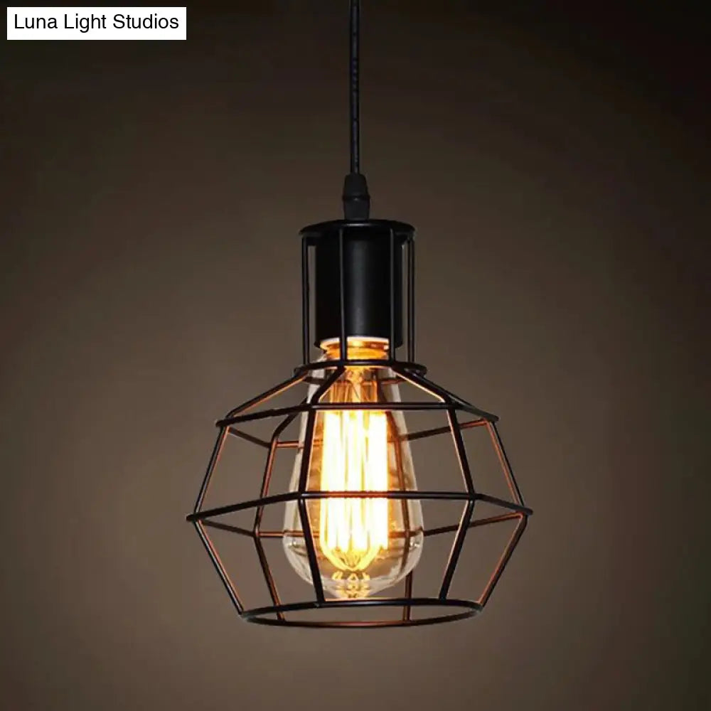 Industrial Retro 1-Light Pendant With Metal Cage For Bar - Hang In Style! Black / Frame