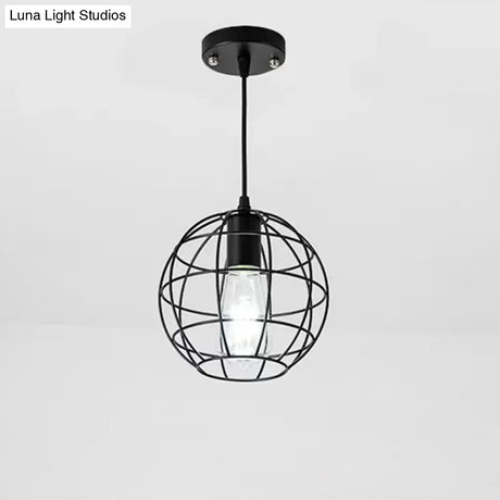 Industrial Retro Black Metal Pendant Light With Spherical Cage - Ideal For Restaurants
