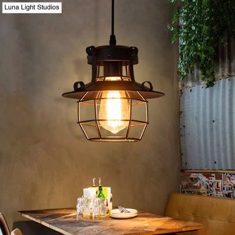 Industrial Retro Black Metal Pendant Light With Wire Cage - Perfect For Restaurants