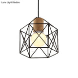 Industrial Retro Hanging Fixture - 1 Head Metal/Wood Ceiling Light With Cage Shade Black