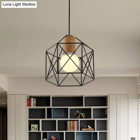 Industrial Retro Hanging Fixture - 1 Head Metal/Wood Ceiling Light With Cage Shade Black