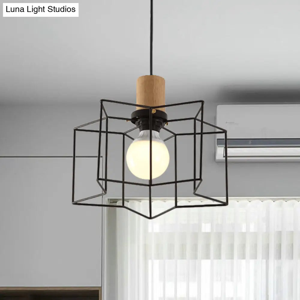 Industrial Retro Hanging Fixture - 1 Head Metal/Wood Ceiling Light With Cage Shade Black