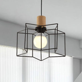 Industrial Retro Hanging Fixture - 1 Head Metal/Wood Ceiling Light With Cage Shade Black / Star