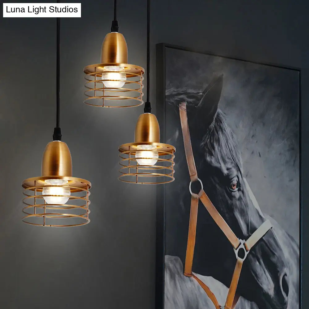 Industrial Retro Black/Bronze Metal Ceiling Pendant With Wire Cage Shade For Kitchen - 1-Light Drum