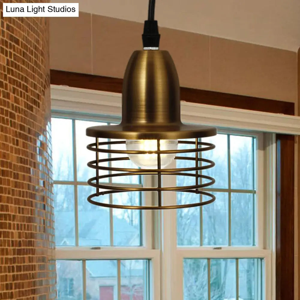 Industrial Retro Pendant Lighting: 1-Light Drum With Wire Cage Shade For Kitchen Ceiling