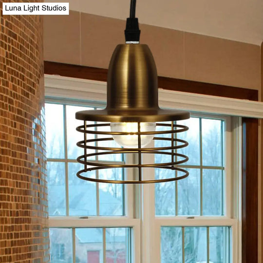 Industrial Retro Pendant Lighting: 1-Light Drum With Wire Cage Shade For Kitchen Ceiling