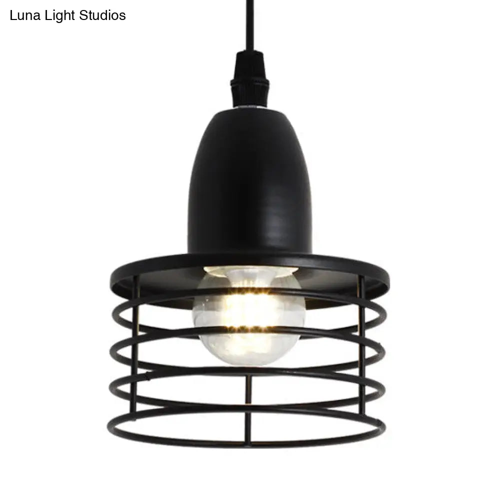 Industrial Retro Pendant Lighting: 1-Light Drum With Wire Cage Shade For Kitchen Ceiling