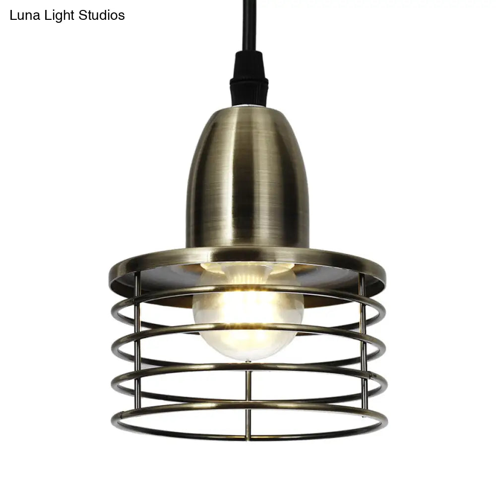 Industrial Retro Black/Bronze Metal Ceiling Pendant With Wire Cage Shade For Kitchen - 1-Light Drum