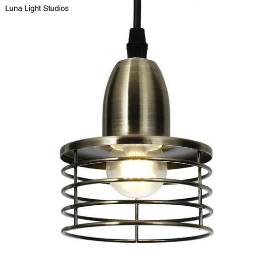 Industrial Retro Black/Bronze Metal Ceiling Pendant With Wire Cage Shade For Kitchen - 1-Light Drum