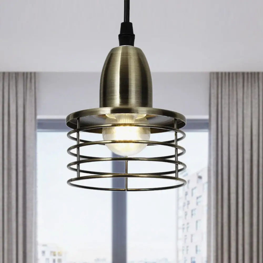 Industrial Retro Pendant Lighting: 1-Light Drum With Wire Cage Shade For Kitchen Ceiling