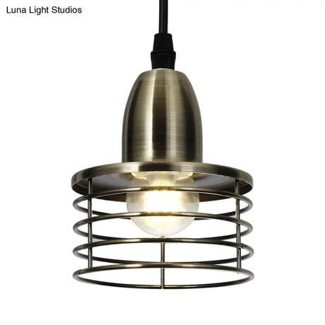 Industrial Retro Pendant Lighting: 1-Light Drum With Wire Cage Shade For Kitchen Ceiling