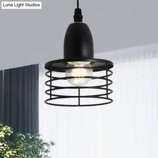 Industrial Retro Black/Bronze Metal Ceiling Pendant With Wire Cage Shade For Kitchen - 1-Light Drum