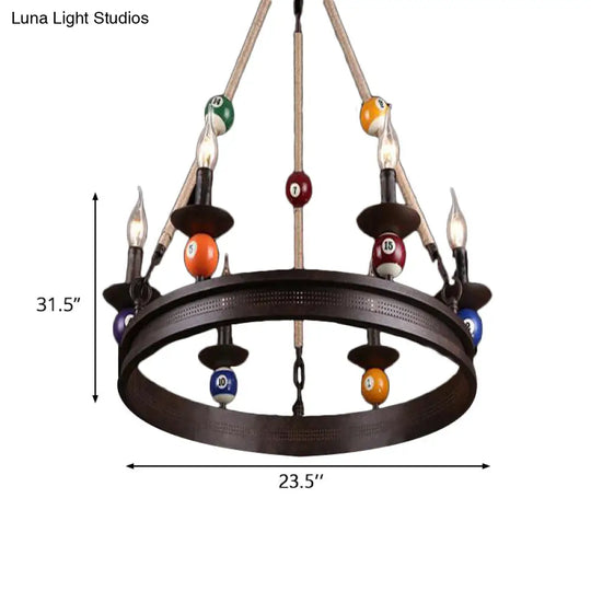 Industrial Ring Chandelier With 6 Bulbs Metallic Pendant Light Fixture Rope And Billiard Ball Deco