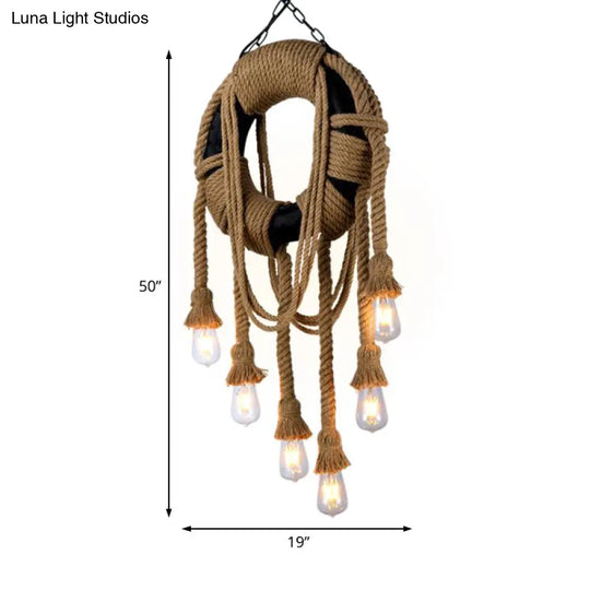 Industrial Tyre Pendant Lamp With 6 Black Rope Lights - Perfect For Coffee Shop