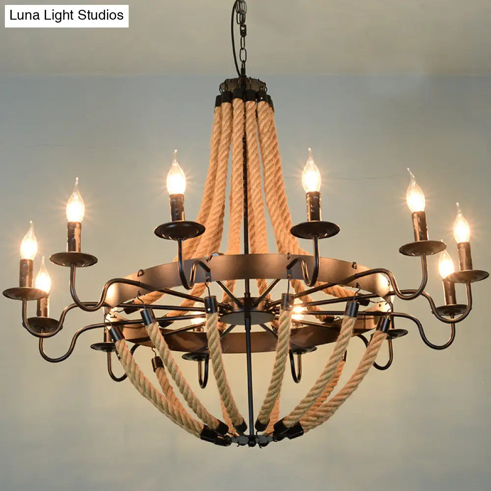 Industrial Rope Style Chandelier Pendant Lamp - Elegant Black Finish Candle Shape Adjustable 39’