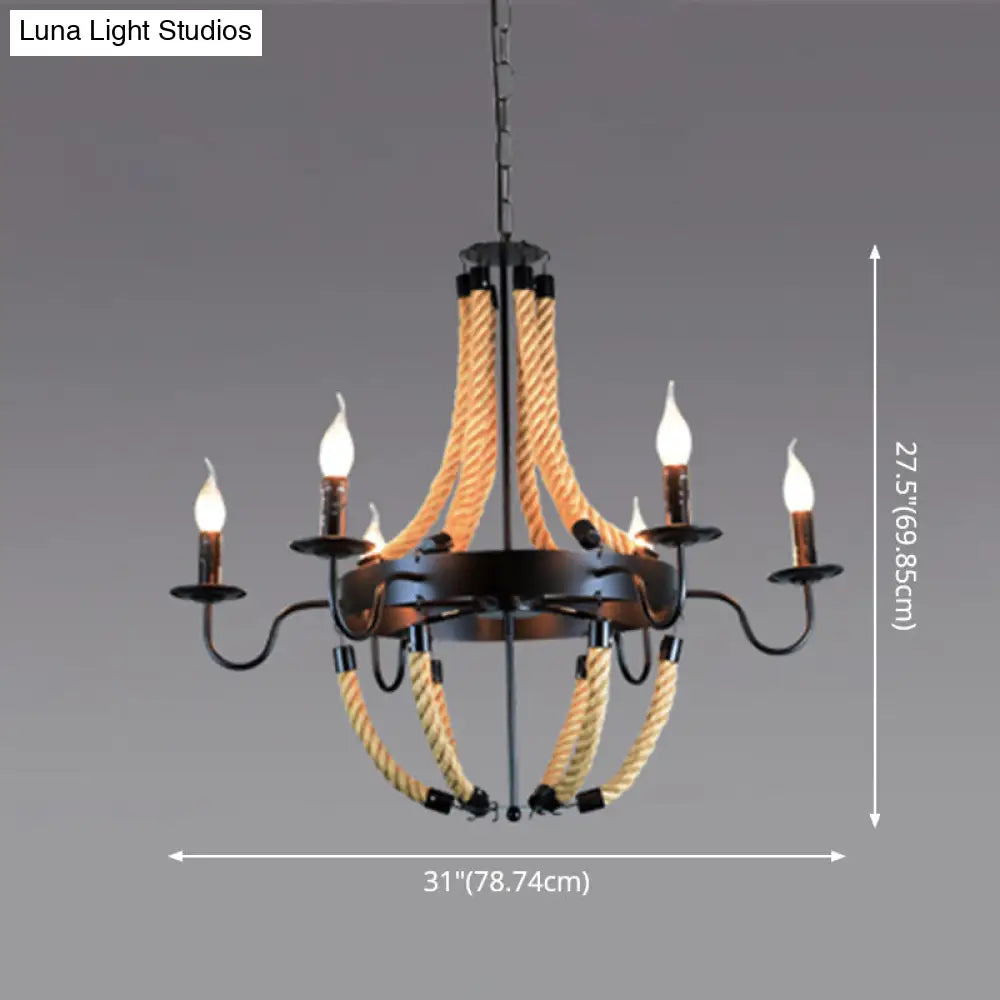 Industrial Rope Style Chandelier Pendant Lamp - Elegant Black Finish Candle Shape Adjustable 39’