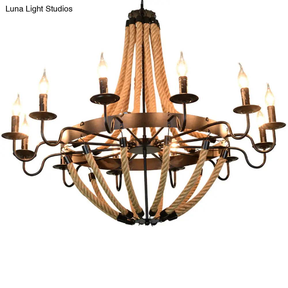 Industrial Rope Style Chandelier Pendant Lamp - Elegant Black Finish Candle Shape Adjustable 39’