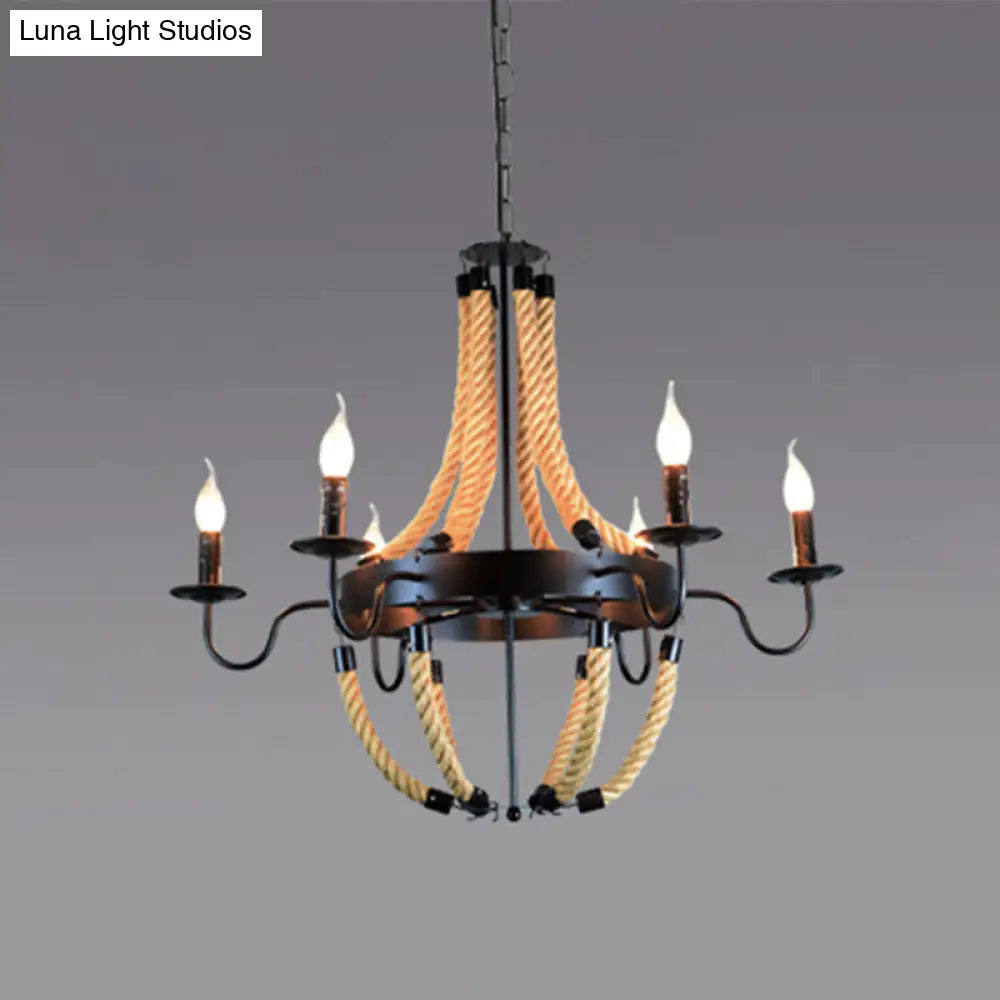 Industrial Rope Style Hanging Pendant Lamp With Adjustable Chain - Black Finish Candle Chandelier