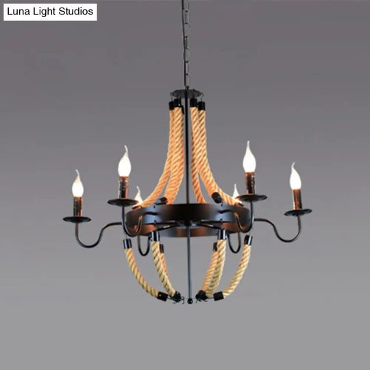 Industrial Rope Style Hanging Pendant Lamp With Adjustable Chain - Black Finish Candle Chandelier