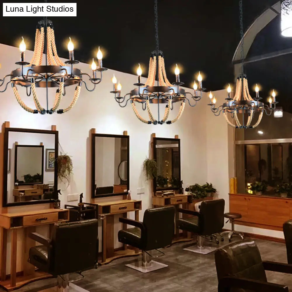 Industrial Rope Style Hanging Pendant Lamp With Adjustable Chain - Black Finish Candle Chandelier