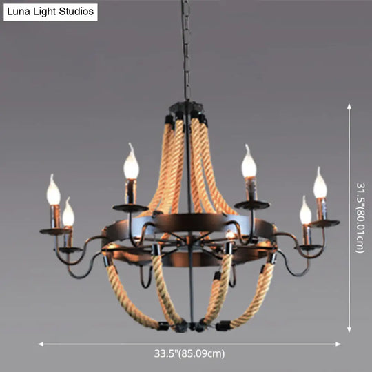 Industrial Rope Style Hanging Pendant Lamp With Adjustable Chain - Black Finish Candle Chandelier
