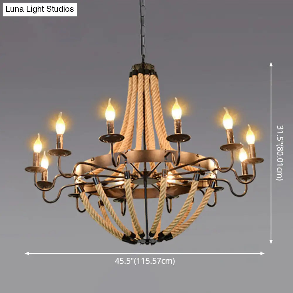 Industrial Rope Style Hanging Pendant Lamp With Adjustable Chain - Black Finish Candle Chandelier
