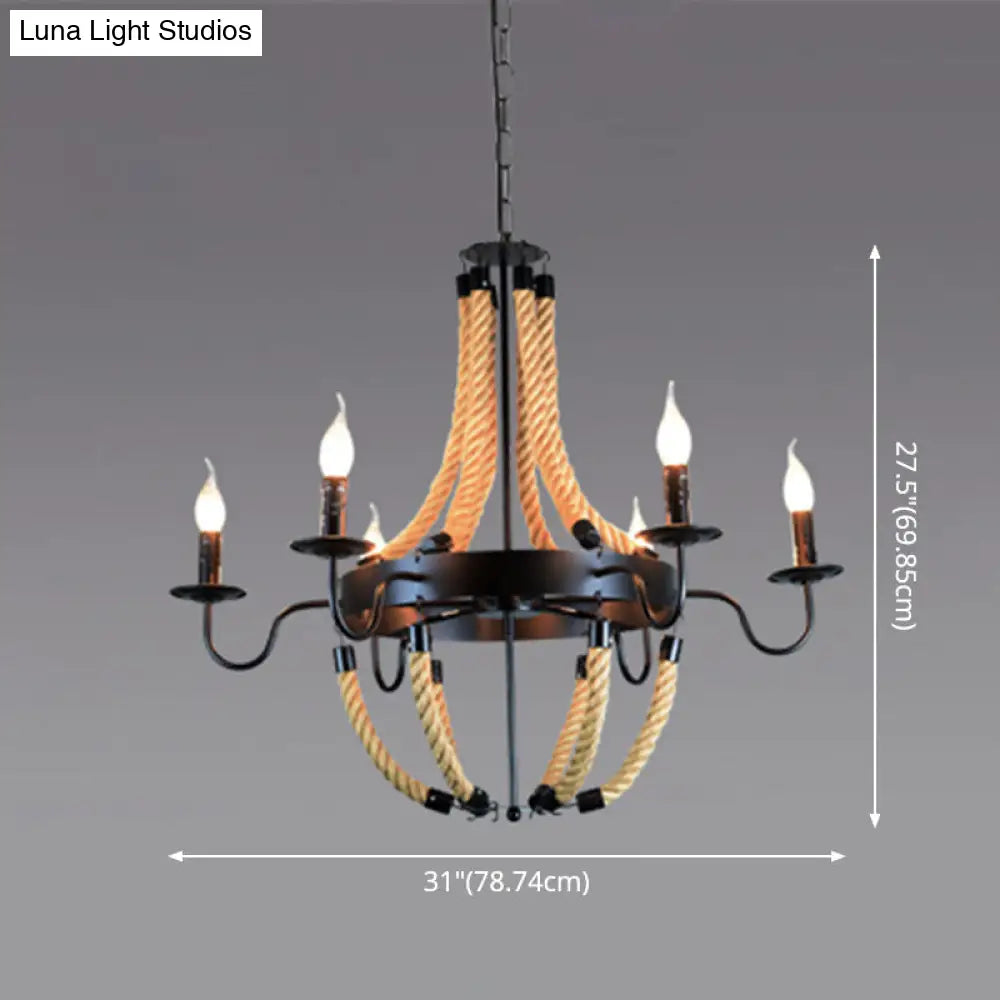 Industrial Rope Style Hanging Pendant Lamp With Adjustable Chain - Black Finish Candle Chandelier
