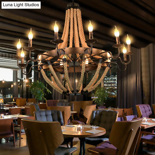 Industrial Rope Style Chandelier Pendant Lamp - Elegant Black Finish Candle Shape Adjustable 39’