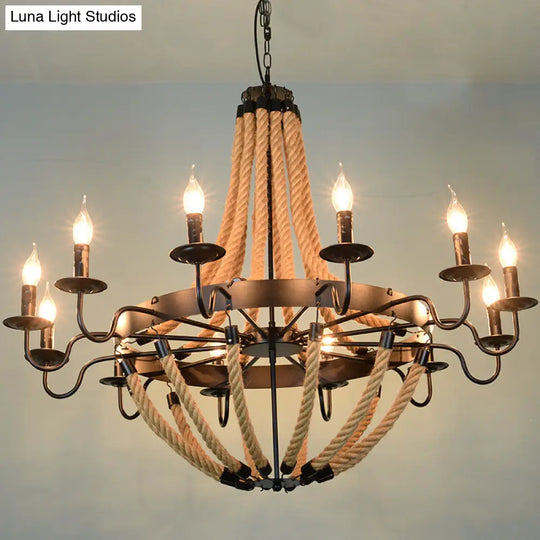 Industrial Rope Style Hanging Pendant Lamp With Adjustable Chain - Black Finish Candle Chandelier