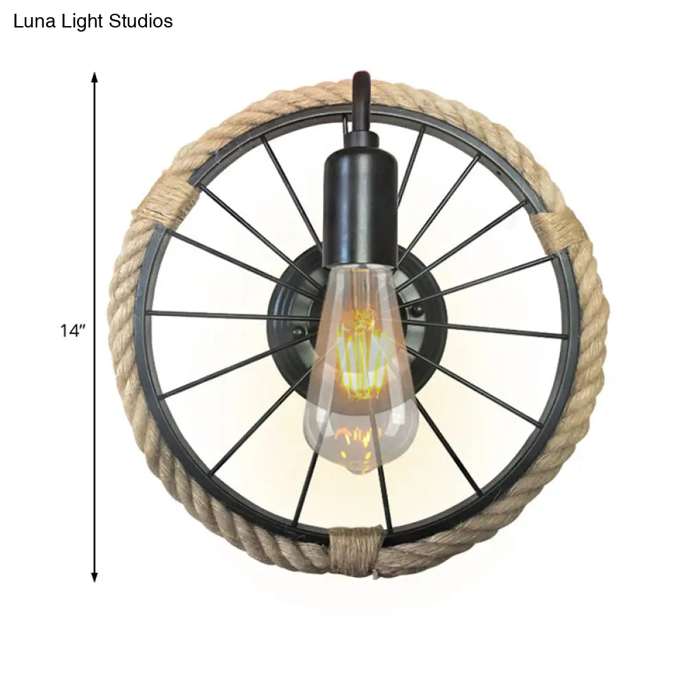 Industrial Rope Wall Mounted Sconce Lamp With Open Bulb And Wheel Shape - Black