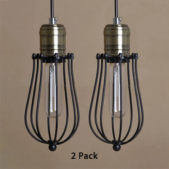 Industrial Rustic Black Metal Pendant Lighting 2 Pack - Wire Cage Hanging Lamp For Kitchen