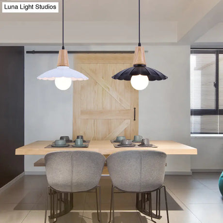Industrial Scalloped Metal Hanging Pendant Light With Wooden Cap - White/Black