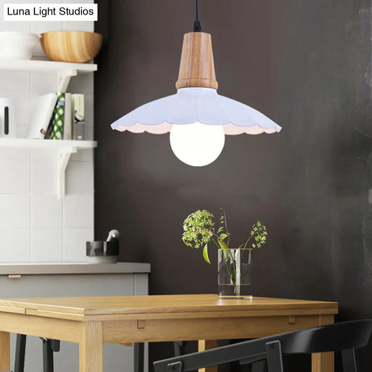 Industrial Scalloped Metal Hanging Pendant Light With Wooden Cap - Bedroom Suspension In White/Black