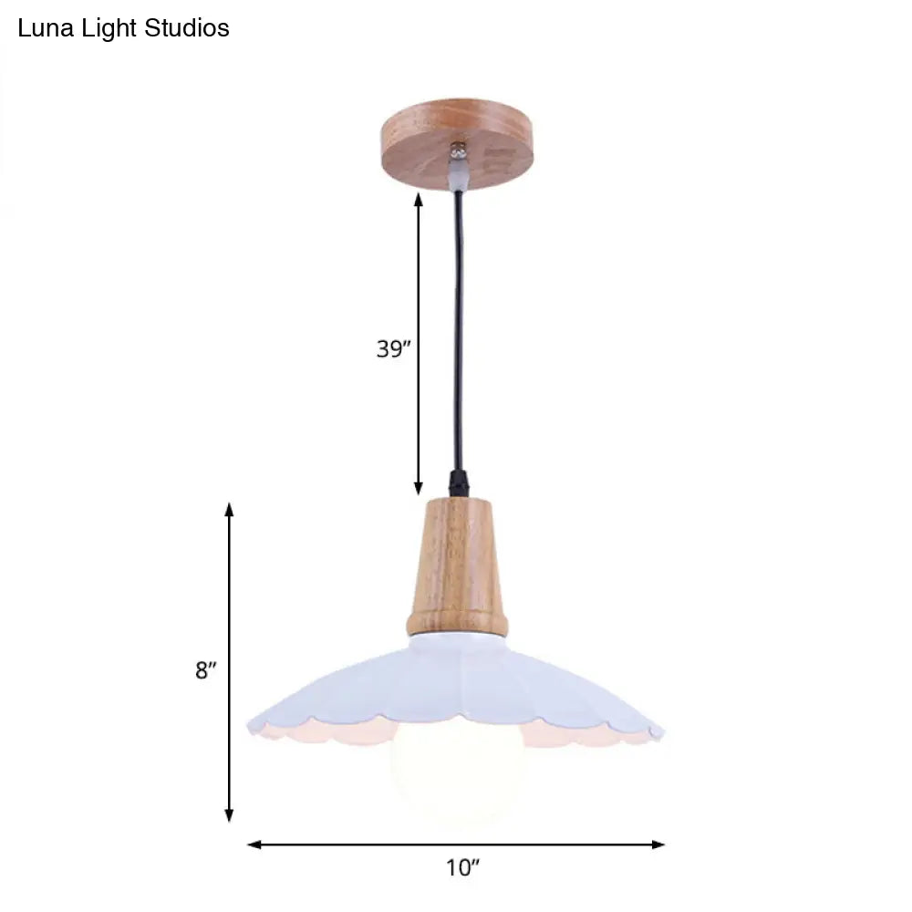 Industrial Scalloped Metal Hanging Pendant Light With Wooden Cap - Bedroom Suspension In White/Black