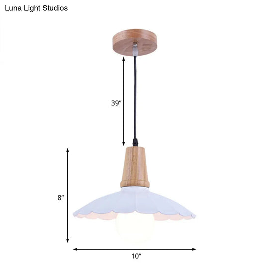 Industrial Scalloped Metal Hanging Pendant Light With Wooden Cap - Bedroom Suspension In White/Black