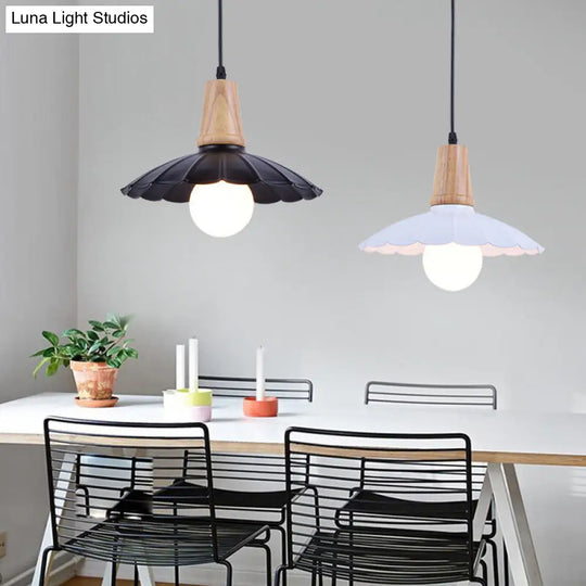 Industrial Scalloped Metal Hanging Pendant Light With Wooden Cap - Bedroom Suspension In White/Black