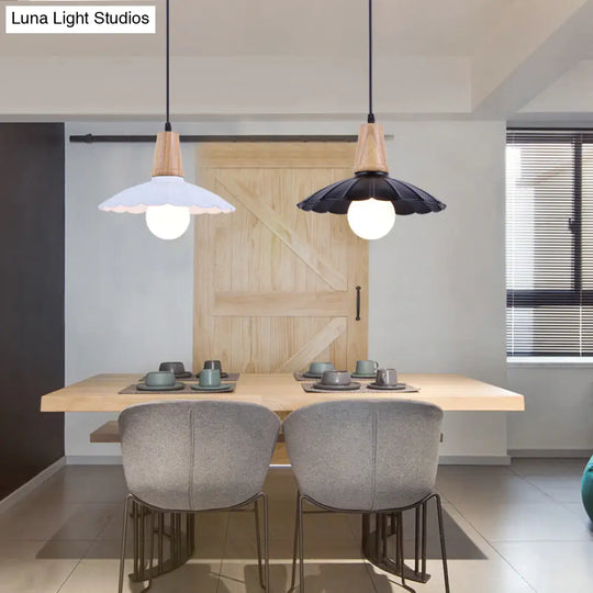 Industrial Scalloped Metal Hanging Pendant Light With Wooden Cap - Bedroom Suspension In White/Black