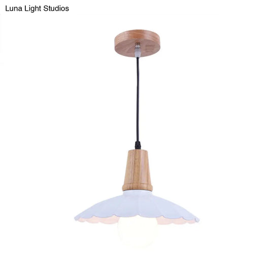 Industrial Scalloped Metal Hanging Pendant Light With Wooden Cap - White/Black