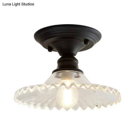 Industrial Scalloped Semi Flush Light - One Clear/Green Ribbed Glass Lighting Fixture For Indoor
