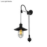 Industrial Sconce Light With Adjustable Pulley - Black Finish Clear Glass And Caged Design