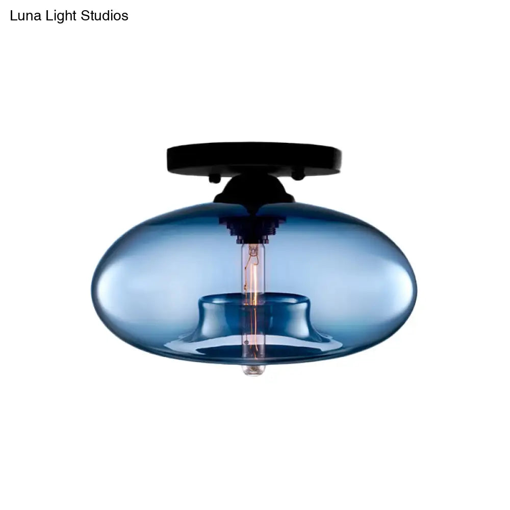 Industrial Semi Flush Ceiling Light With Oval Red/Brown/Blue Glass Shade - Black Finish Ideal For
