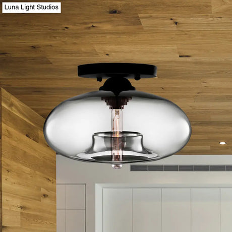 Industrial Semi Flush Ceiling Light With Oval Red/Brown/Blue Glass Shade - Black Finish Ideal For