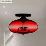 Industrial Semi Flush Ceiling Light With Oval Red/Brown/Blue Glass Shade - Black Finish Ideal For
