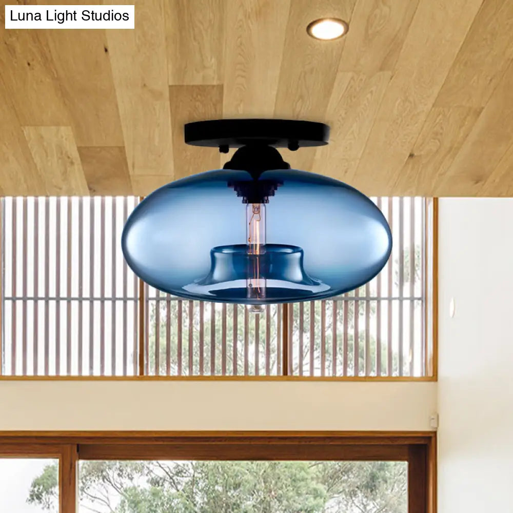 Industrial Semi Flush Ceiling Light With Oval Red/Brown/Blue Glass Shade - Black Finish Ideal For
