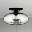 Industrial Semi Flush Ceiling Light With Oval Red/Brown/Blue Glass Shade - Black Finish Ideal For